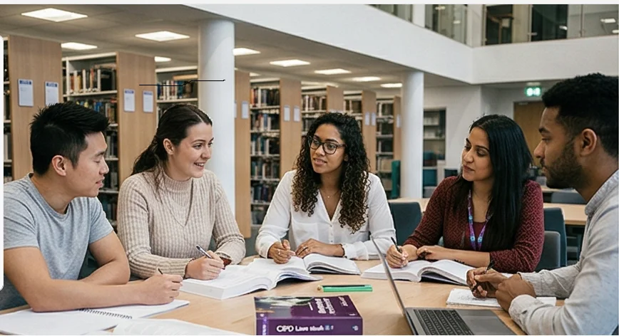 Students reviewing CIPD assignment examples in a UK university library